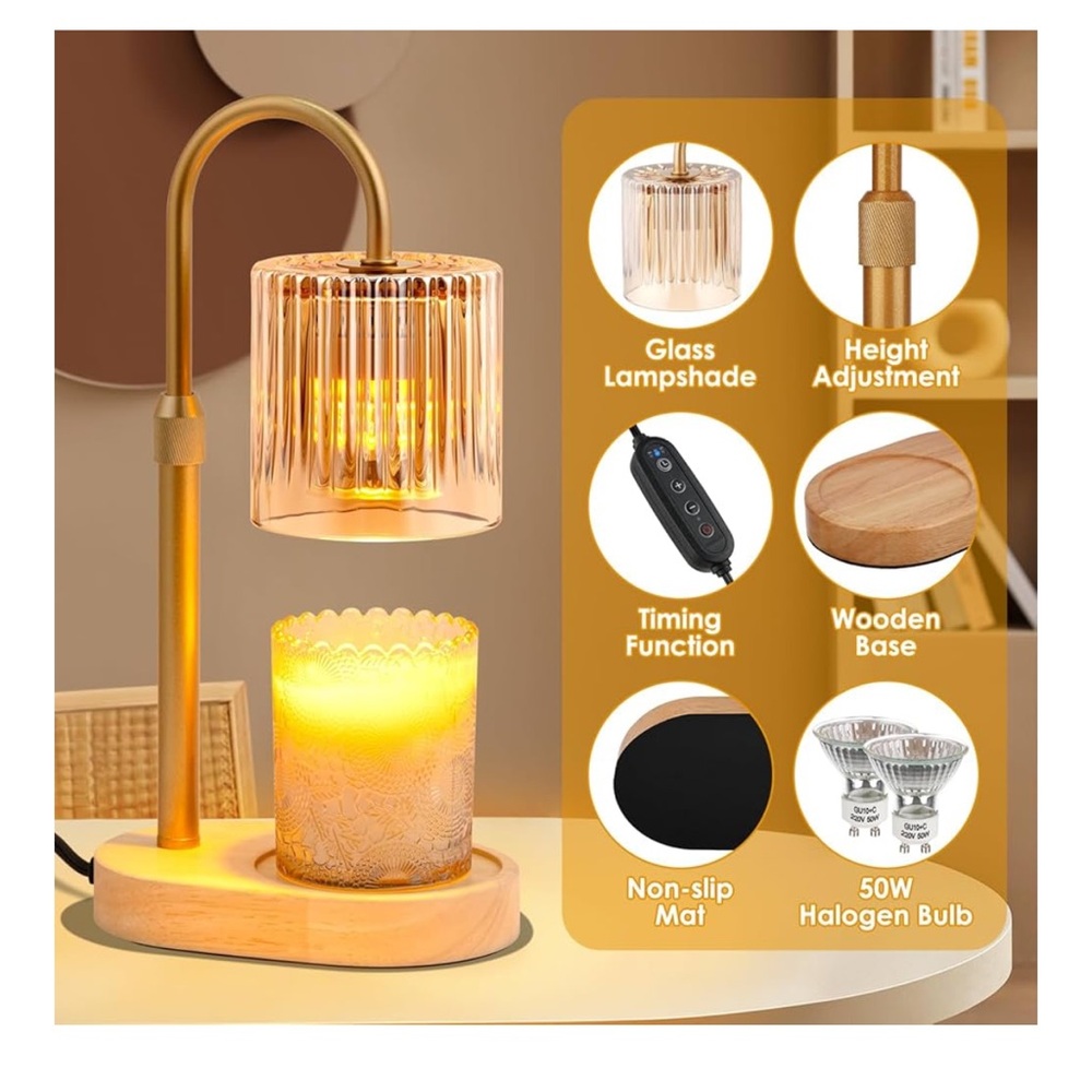 Amber Glass Candle Warmer Lamp with Adjustable Height & Timer - Picture 2 of 7